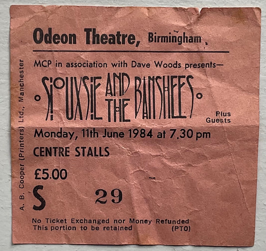 Siouxsie & the Banshees Original Used Concert Ticket Odeon Theatre Birmingham 11th Jun 1984