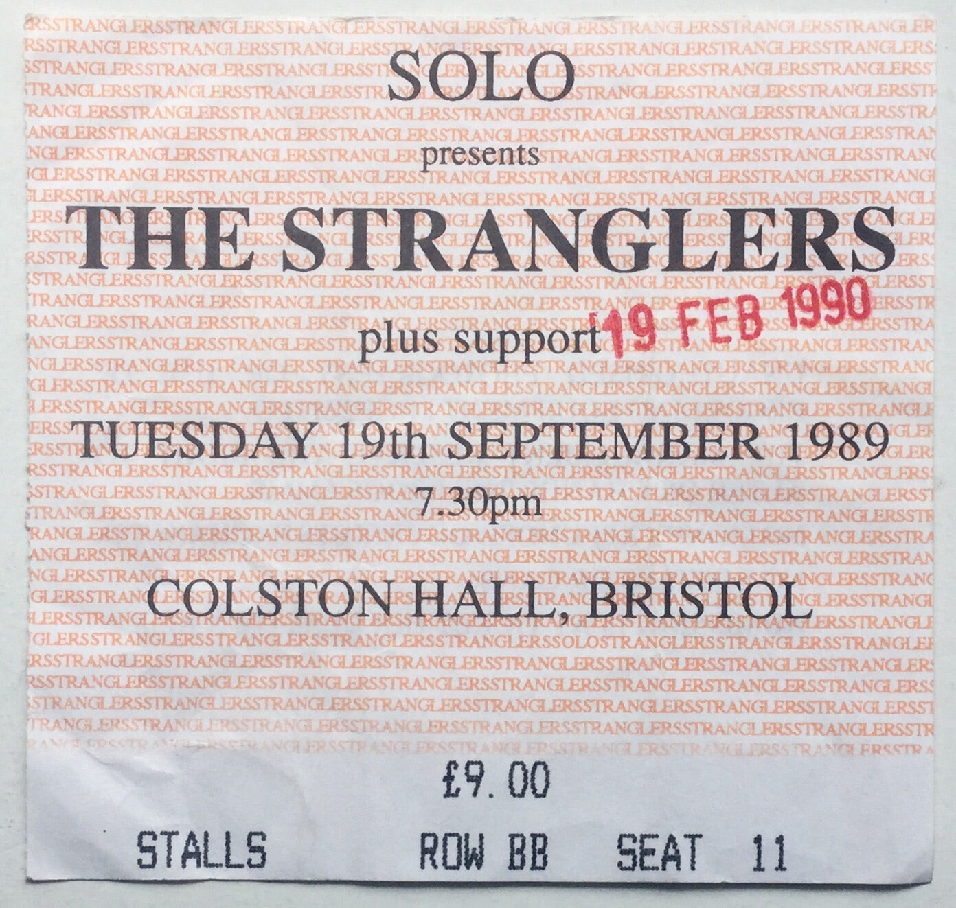 Stranglers Original Used Concert Ticket Colston Hall Bristol 19th Feb 1990