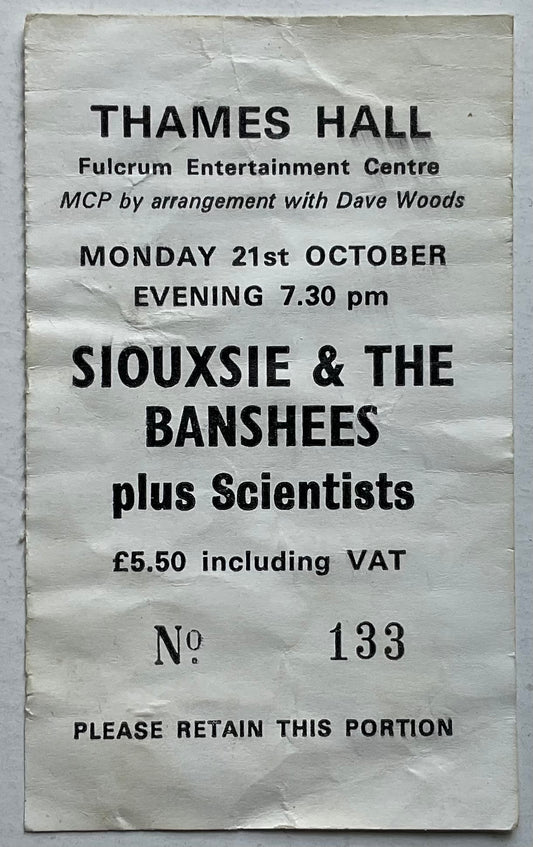Siouxsie and the Banshees Original Used Concert Ticket Thames Hall Slough 21st Oct 1985