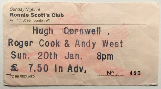 Stranglers Hugh Cornwell Roger Cook Andy West Original Used Concert Ticket Ronnie Scott's Club London 20th Jan 1991