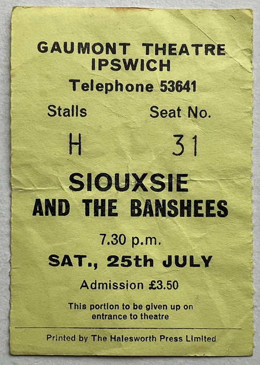 Siouxsie & the Banshees Original Used Concert Ticket Gaumont Theatre Ipswich 25th Jul 1981
