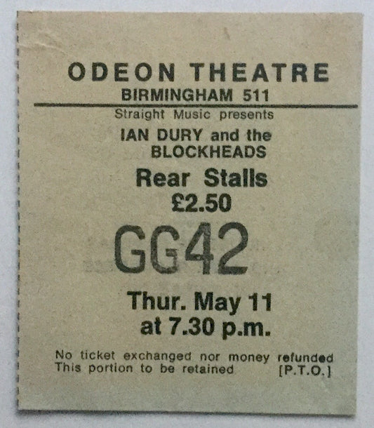 Ian Dury & the Blockheads Original Used Concert Ticket Odeon Theatre Birmingham 11th May 1978