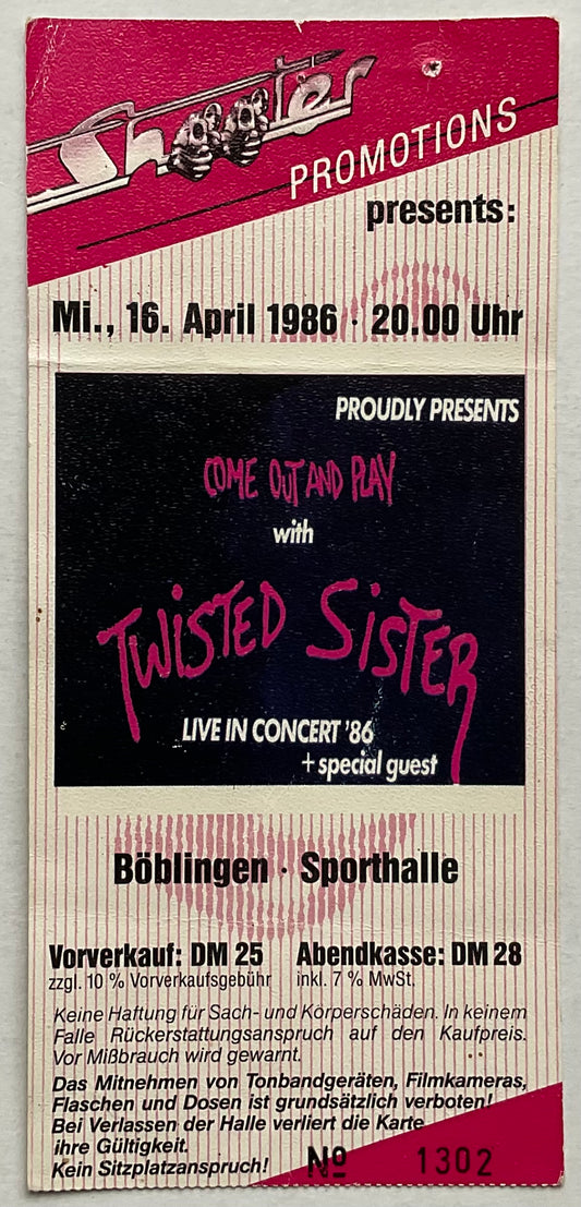 Twisted Sister Original Used Concert Ticket Sporthalle Boblingen 16th Apr 1986