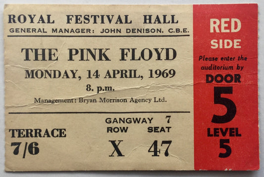 Pink Floyd Original Used Concert Ticket Royal Festival Hall London 14th Apr 1969