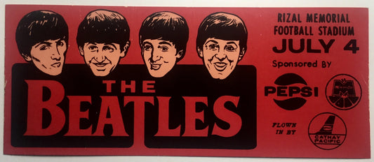 Beatles Original Red Unused Concert Promo Advertising Sticker Rizal Memorial Football Stadium Manila 4th July 1966
