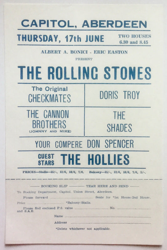 Rolling Stones Original Concert Handbill Flyer Capitol Theatre Aberdeen 17th June 1965