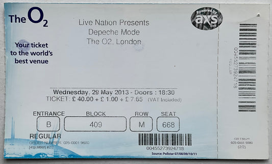 Depeche Mode Original Unused Concert Ticket O2 Arena London 29th May 2013