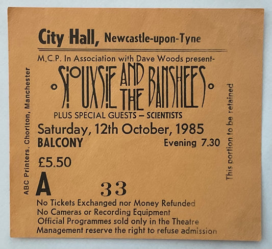 Siouxsie & the Banshees Used Concert Ticket City Hall Newcastle 12th Oct 1985