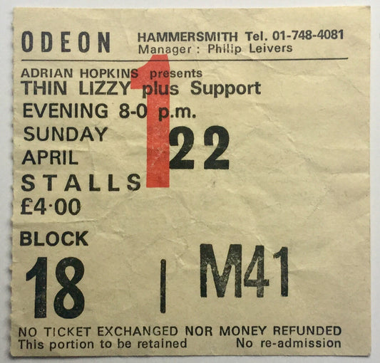 Thin Lizzy Original Used Concert Ticket Hammersmith Odeon London 22nd April 1979