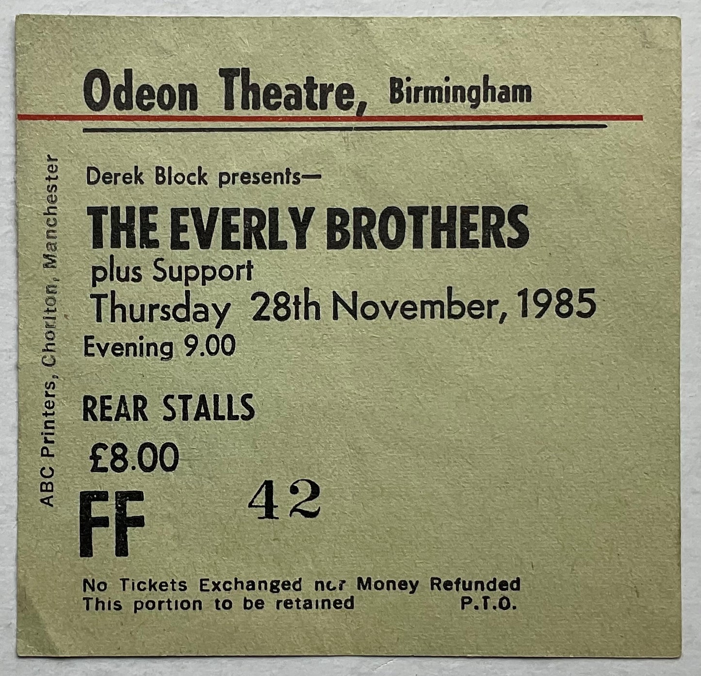 Everly Brothers Original Concert Ticket Odeon Theatre Birmingham 28th Nov 1985