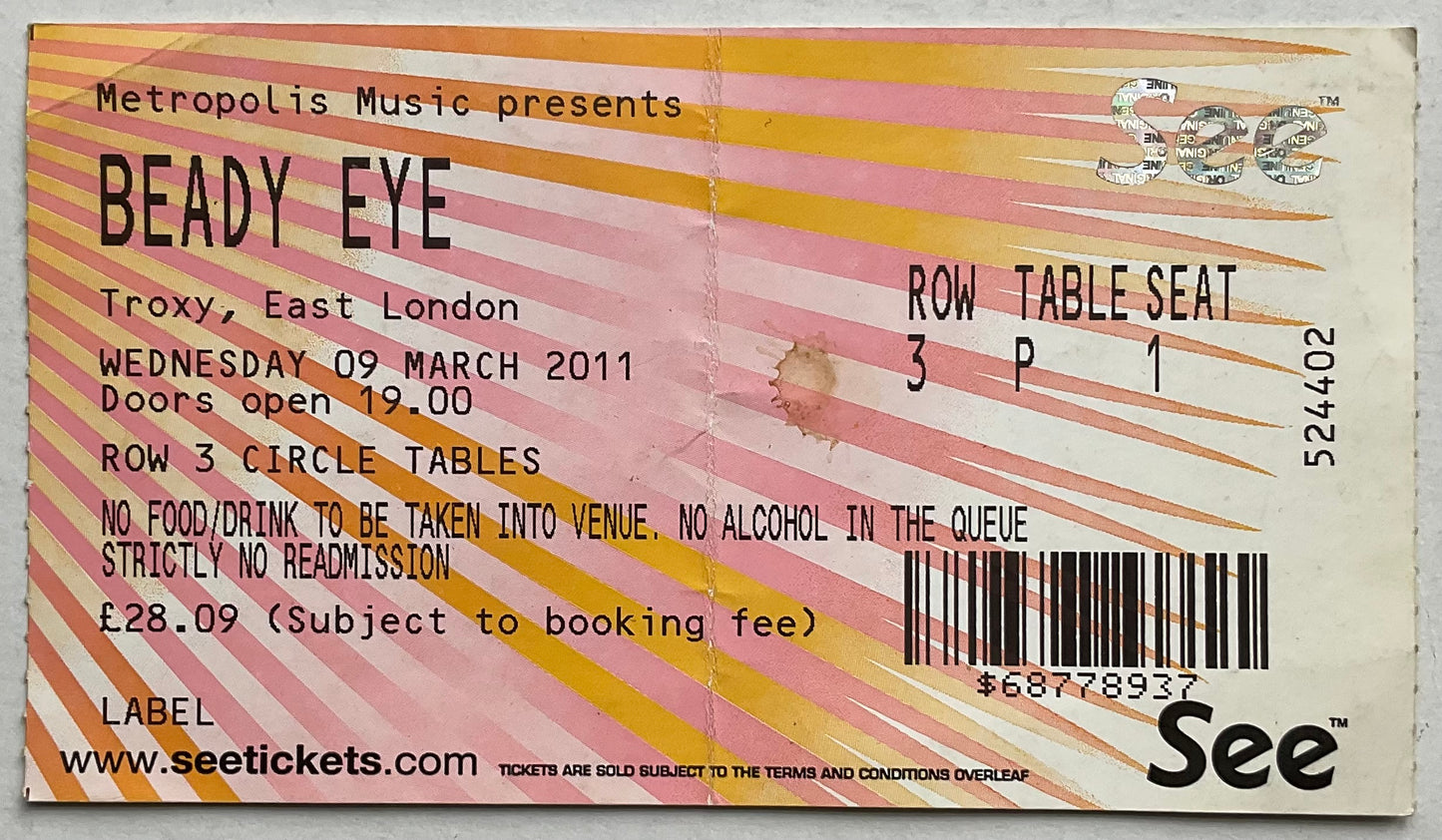 Oasis Beady Eye Original Used Concet Ticket Troxy London 9th Mar 2011