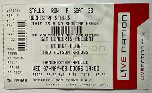Led Zeppelin Robert Plant Alison Krauss Original Unused Concert Ticket Apollo Theatre Manchester 7th May 2008
