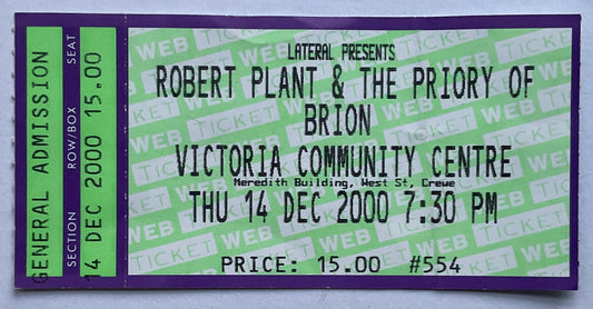 Led Zeppelin Robert Plant Original Used Concert Ticket Victoria Community Centre Crewe 14th Dec 2000