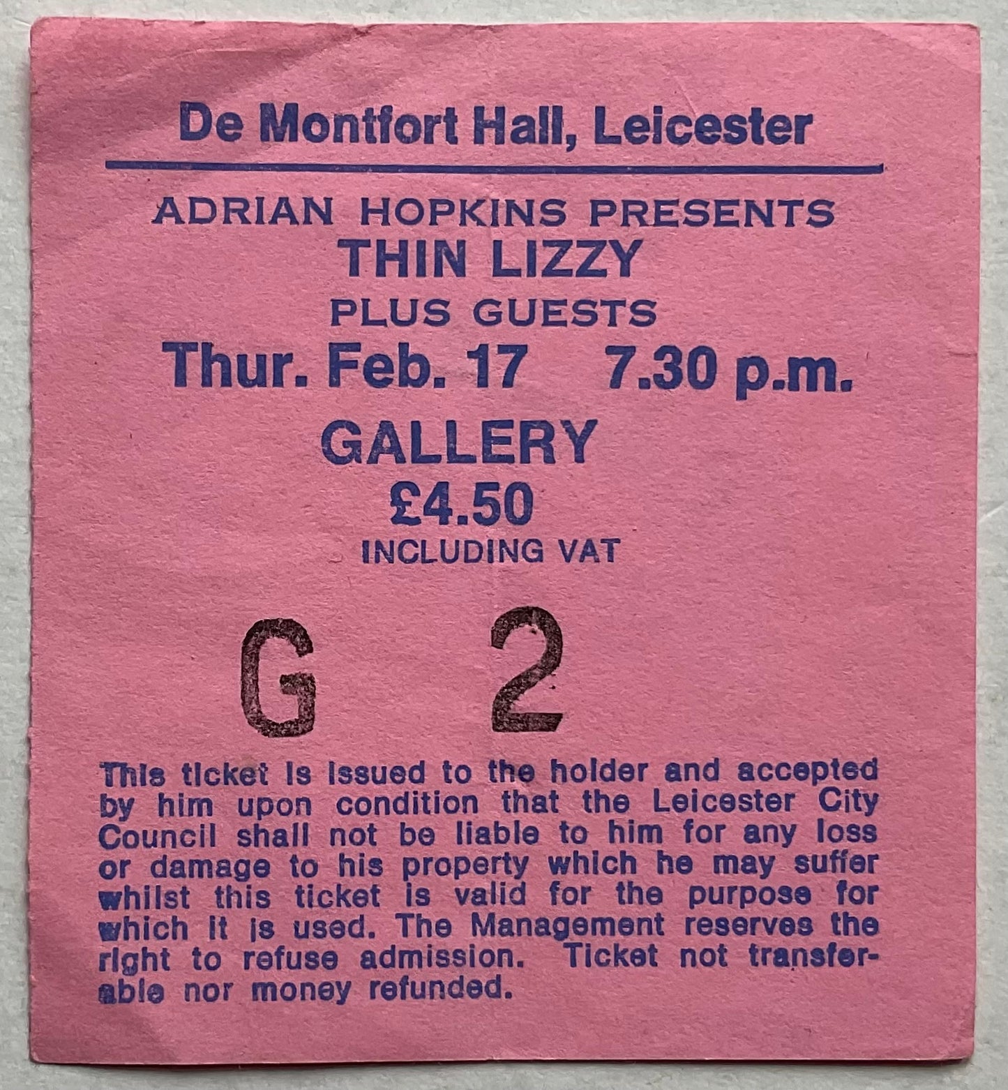 Thin Lizzy Original Original Used Concert Ticket De Montfort Hall Leicester 17th Feb 1983