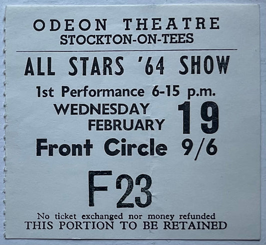 Rolling Stones Original Used Concert Ticket Odeon Theatre Stockton on Tees 19th Feb 1964