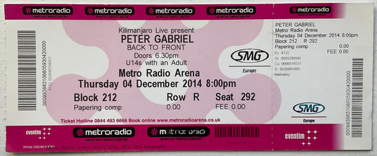 Peter Gabriel Original Unused Concert Ticket Metro Radio Arena Newcastle 4th Dec 2014