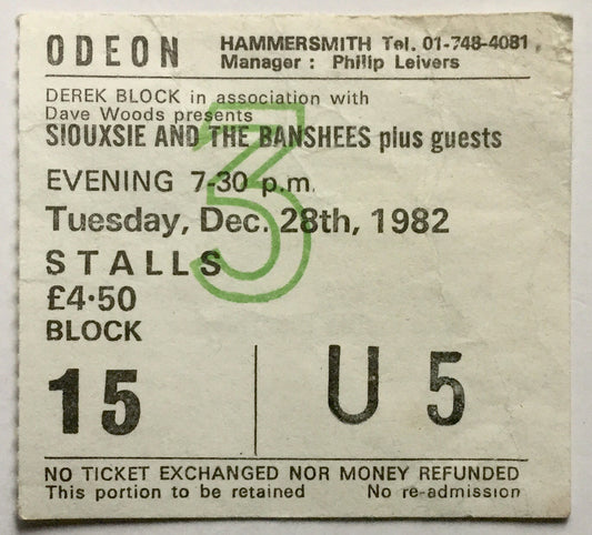 Siouxsie and the Banshees Original Used Concert Ticket Hammersmith Odeon London 28th Dec 1982