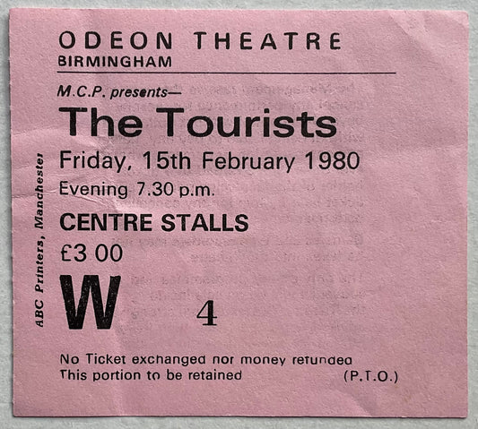 Tourists Annie Lennox Dave Stewart Original Used Concert Ticket Odeon Theatre Birmingham 15th Feb 1980