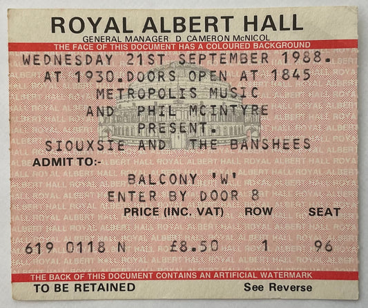 Siouxsie & the Banshees Original Used Concert Ticket Royal Albert Hall London 21st Sep 1988