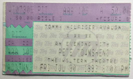 Who Pete Townshend Original Used Concert Ticket Wiltern Theatre Los Angeles 30th July 1993