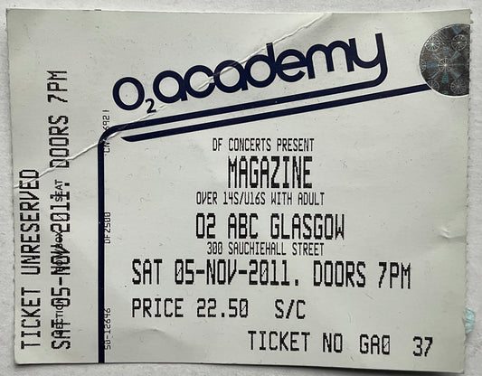 Magazine Original Used Concert Ticket O2 ABC Glasgow 5th Nov 2011