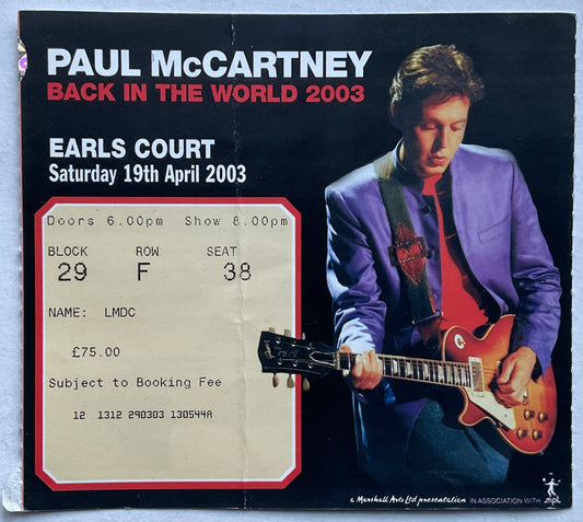 Beatles Paul McCartney Original Used Concert Ticket Earls Court London 19th Apr 2003