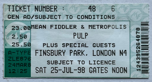 Pulp Original Used Concert Ticket Finsbury Park London 25th Jul 1998