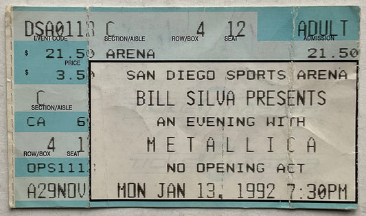 Metallica Original Used Concert Ticket San Diego Sports Arena 13th Jan 1992