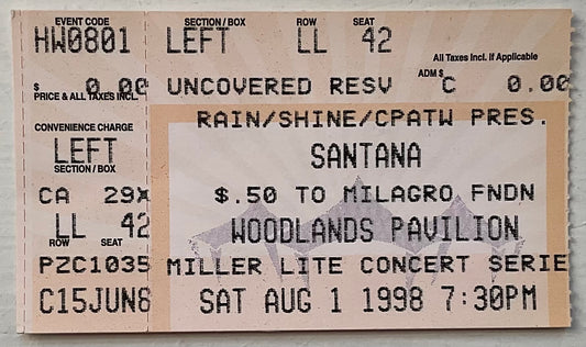 Santana Original Used Concert Ticket Woodlands Pavilion 1st Aug 1998