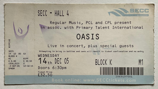 Oasis Original Unused Concert Ticket SECC Glasgow 14th Dec 2005
