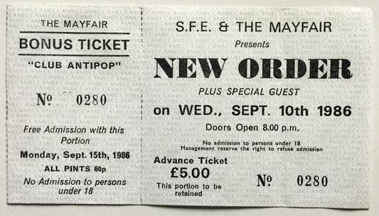 Joy Division New Order Original Unused Concert Ticket Mayfair Newcastle 1986