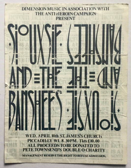 Siouxsie & The Banshees Original Used Concert Ticket St. James Church London 10th Apr 1985