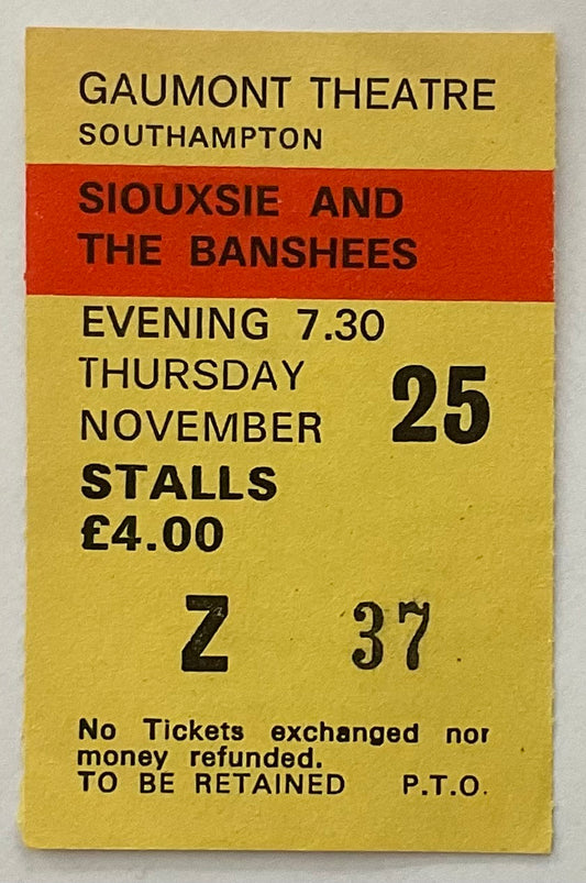 Siouxsie & the Banshees Original Used Concert Ticket Gaumont Theatre Southampton 25th Nov 1982