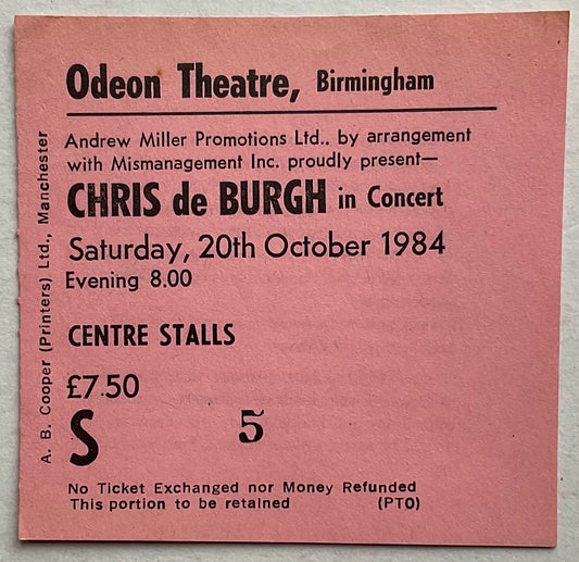 Chris De Burgh Original Used Concert Ticket Odeon Theatre Birmingham 20th Oct 1984