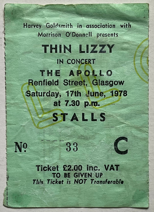 Thin Lizzy Original Used Concert Ticket The Apollo Glasgow 17th Jun 1978