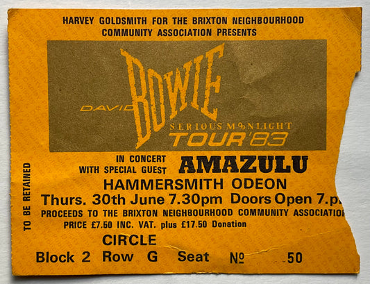 David Bowie Original Concert Ticket Hammersmith Odeon London 30th Jun 1983