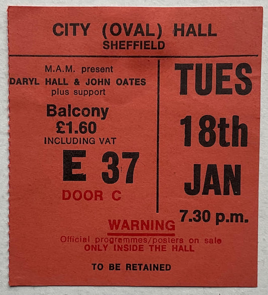 Daryl Hall John Oates Original Used Concert Ticket City Hall Sheffield 18th Jan 1977