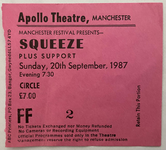 Squeeze Original Used Concert Ticket Apollo Theatre Manchester 20th Sep 1987