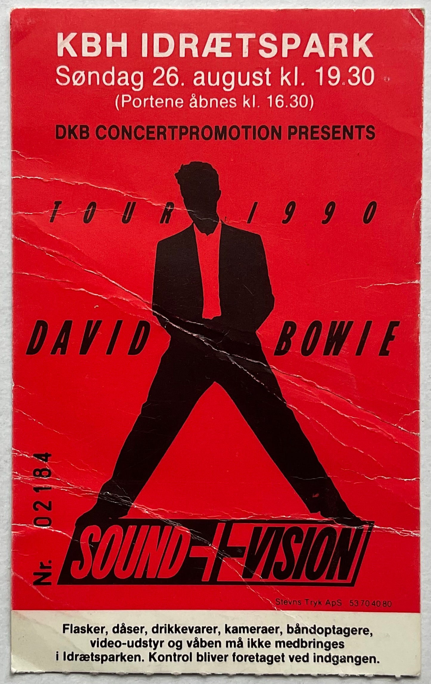 David Bowie Original Used Concert Ticket KBH Idrætspark Copenhagen 26th Aug 1990