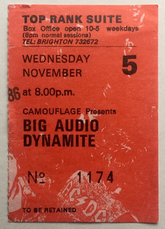 Big Audio Dynamite Original Used Concert Ticket Top Rank Suite Brighton 12th Nov 1986