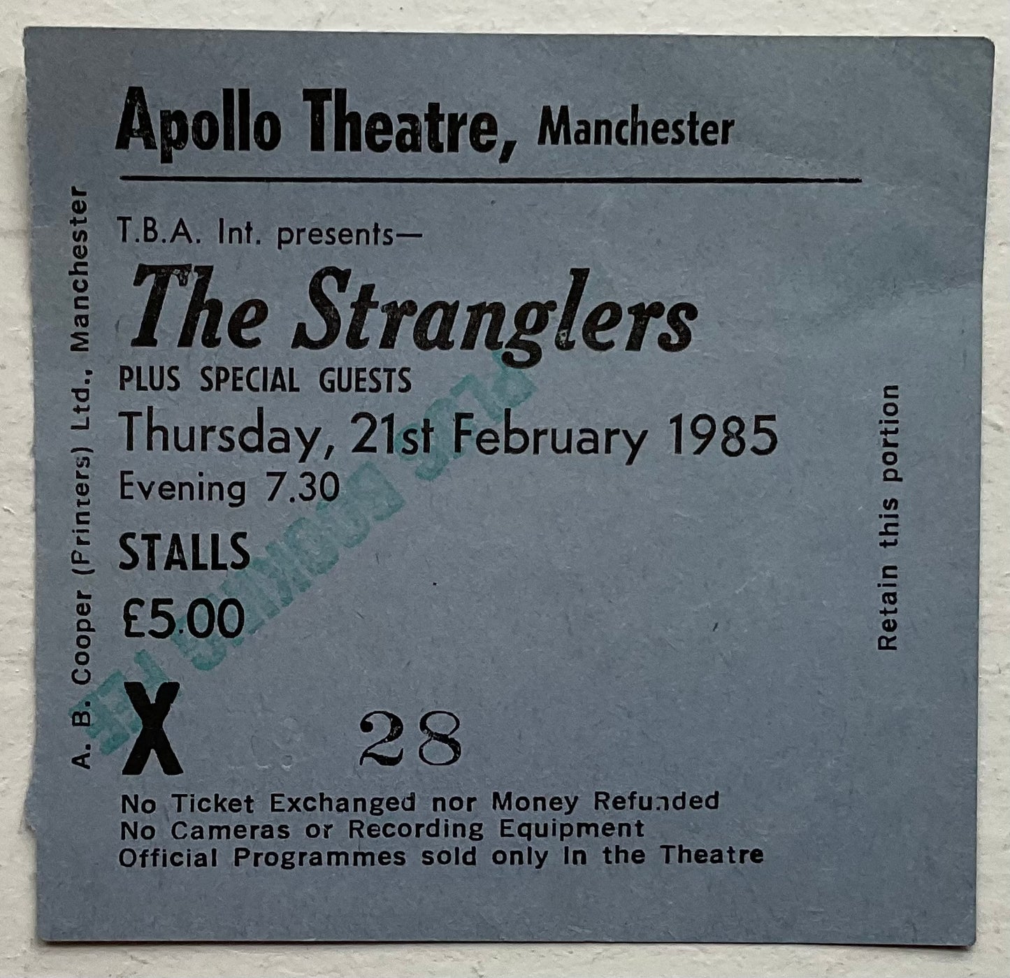 Stranglers Original Used Concert Ticket Apollo Theatre Manchester 21st Feb 1985