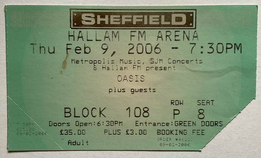 Oasis Original Used Concert Ticket Hallam FM Arena Sheffield 9th Feb 2006
