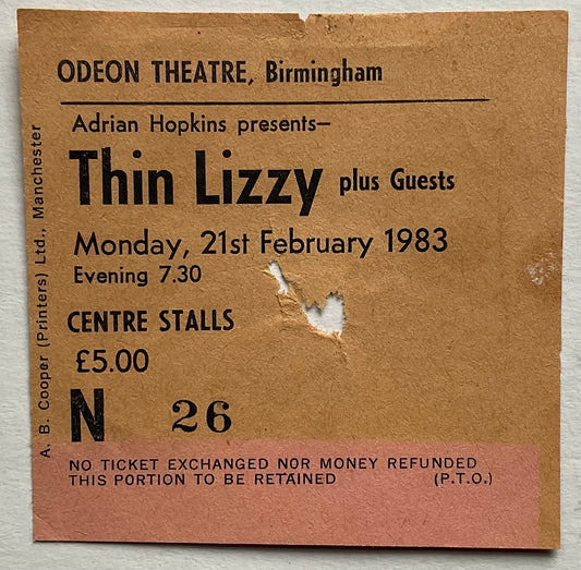 Thin Lizzy Original Used Concert Ticket Birmingham 21st Feb 1983