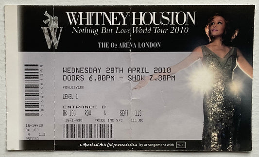 Whitney Houston Original Unused Concert Ticket O2 Arena London 28th Apr 2010