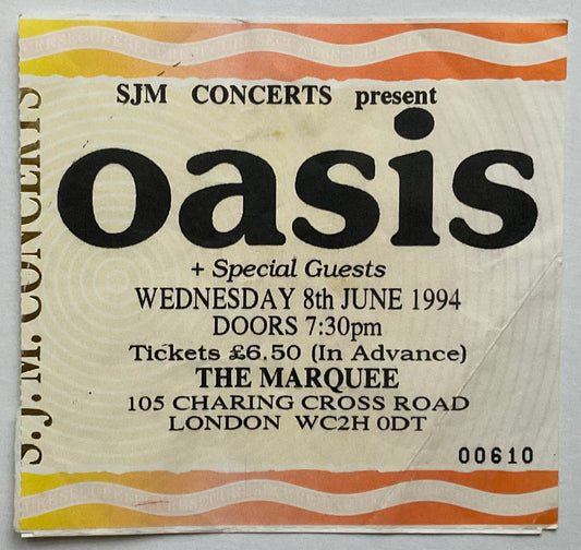 Oasis Original Concert Ticket The Marquee London 8th June 1994