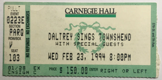 Who Roger Daltrey Original Used Concert Ticket  Carnegie Hall New York 23rd Feb 1994