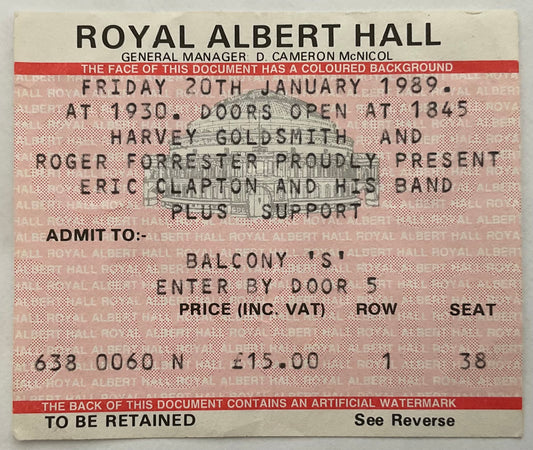 Eric Clapton Original Used Concert Ticket Royal Albert Hall London 20th Jan 1989