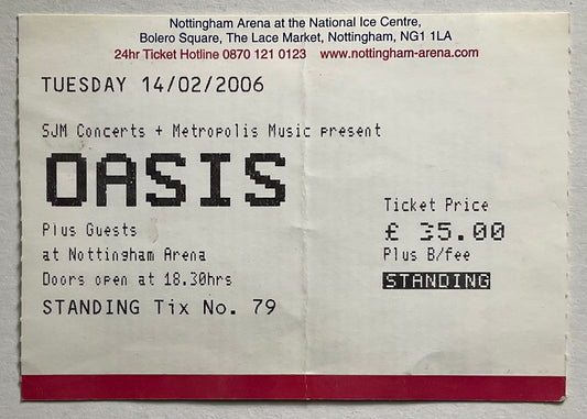Oasis Original Used Concert Ticket Nottingham Arena 14 February 2006