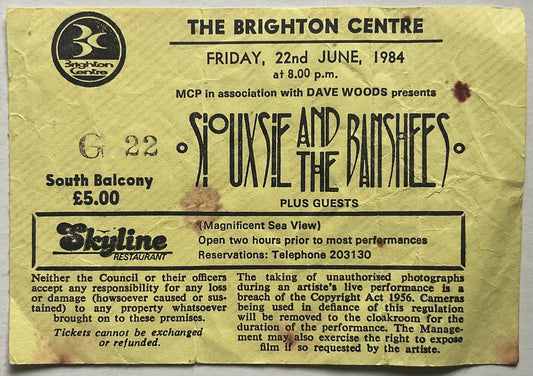 Siouxsie & The Banshees Original Used Concert Ticket The Brighton Centre 22nd Jun 1984
