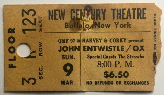 Who Ox John Entwistle Original Used Concert Ticket New Century Theatre New York 9th Mar 1975